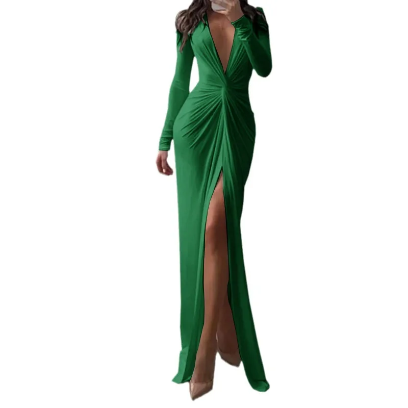 Women fall long sleeve V-neck side slit sexy long dress Women pleats new fashion evening party date party dress Y2K plus size