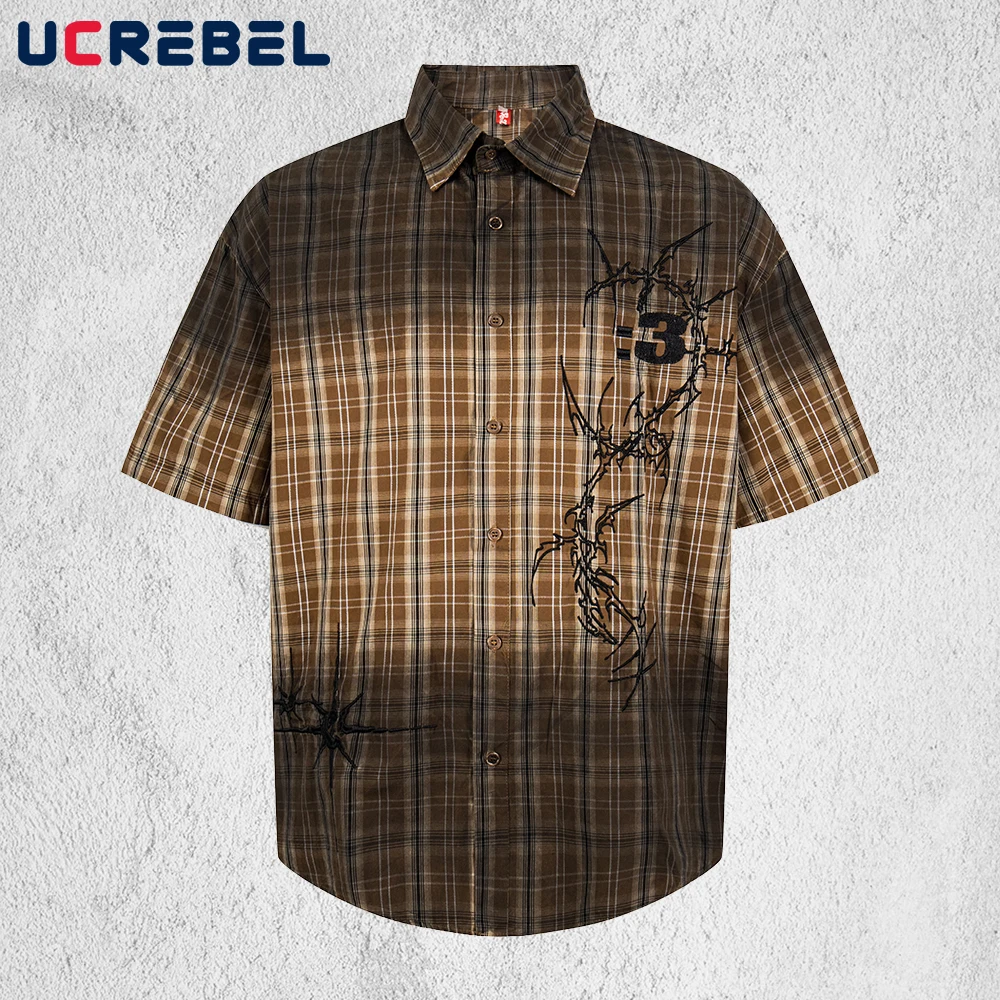

Thorn Embroidery Plaid Short Sleeve Shirts Mens Summer Retro High Street Lapel Single Breasted Half-Sleeve Cotton Shirts Man
