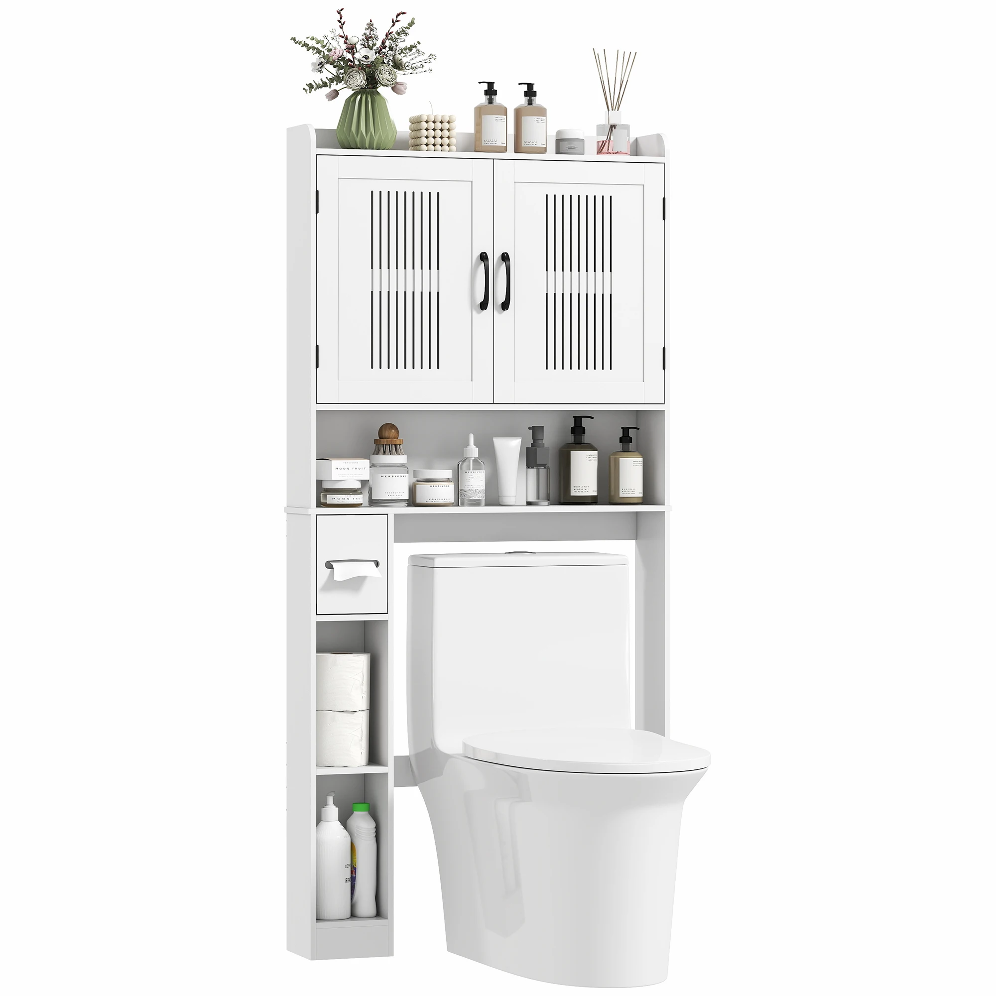 HOMCOM Estantería sobre Inodoro con Estante Ajustable 2 Puertas Soporte para Papel Higiénico y Estantes Abiertos para Baño Blanco