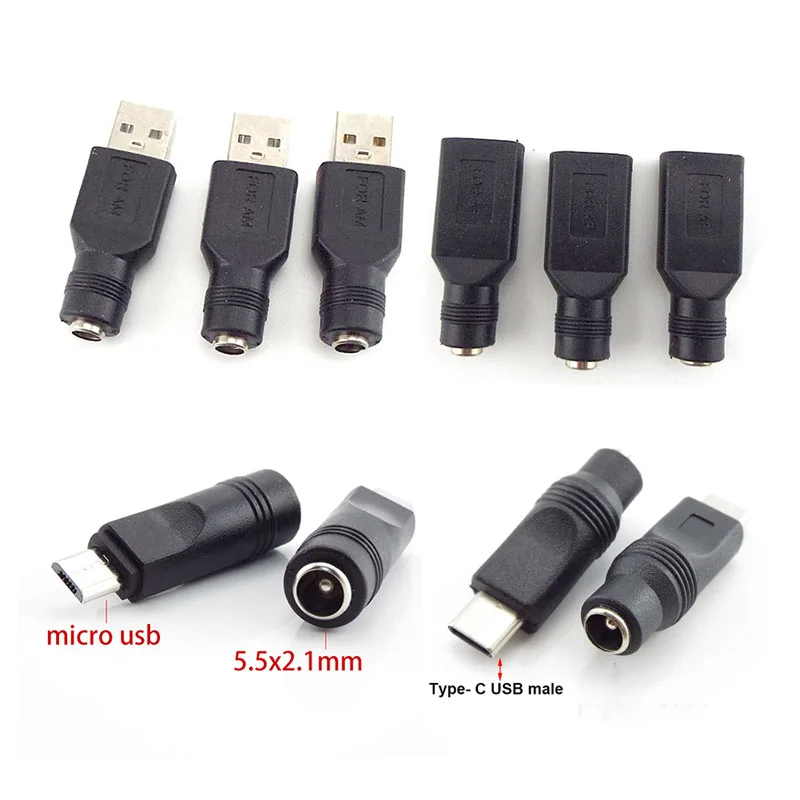 DC Female power Jack 5.5*2.1mm To USB 2.0 Male mirco type c Plug Female Jack 5V Connector converter Adapter for Laptop A7