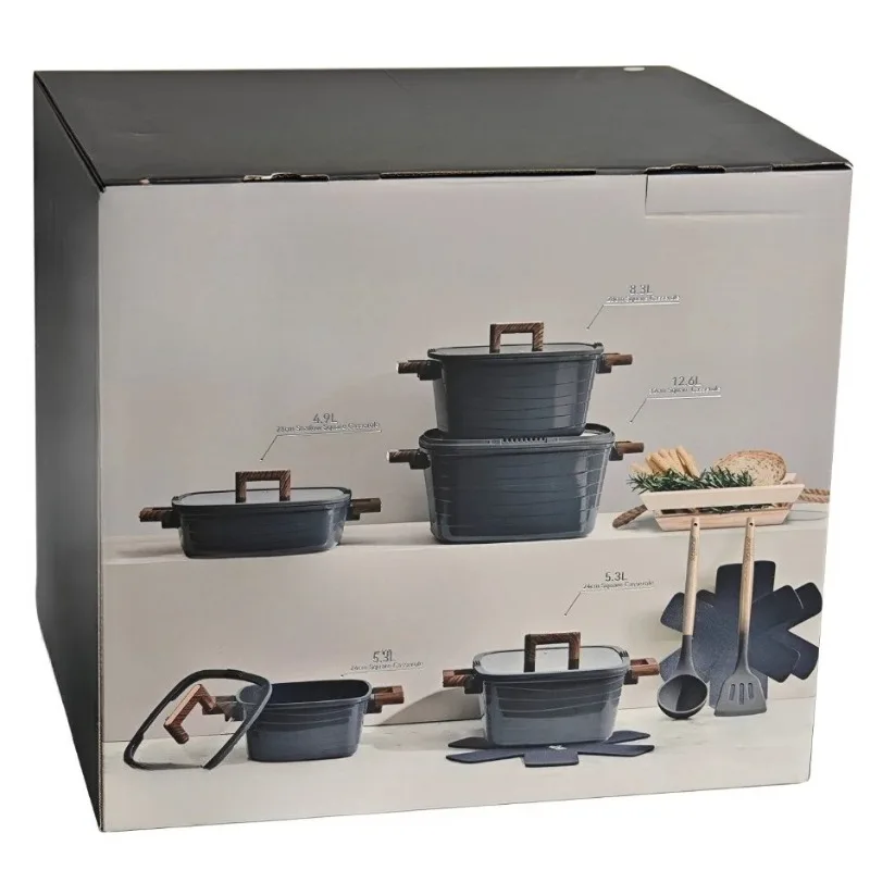 15 Piece Die Cast Aluminum Cookware Set Non Stick Square Pots Pans with Lids & Utensils Induction Ready