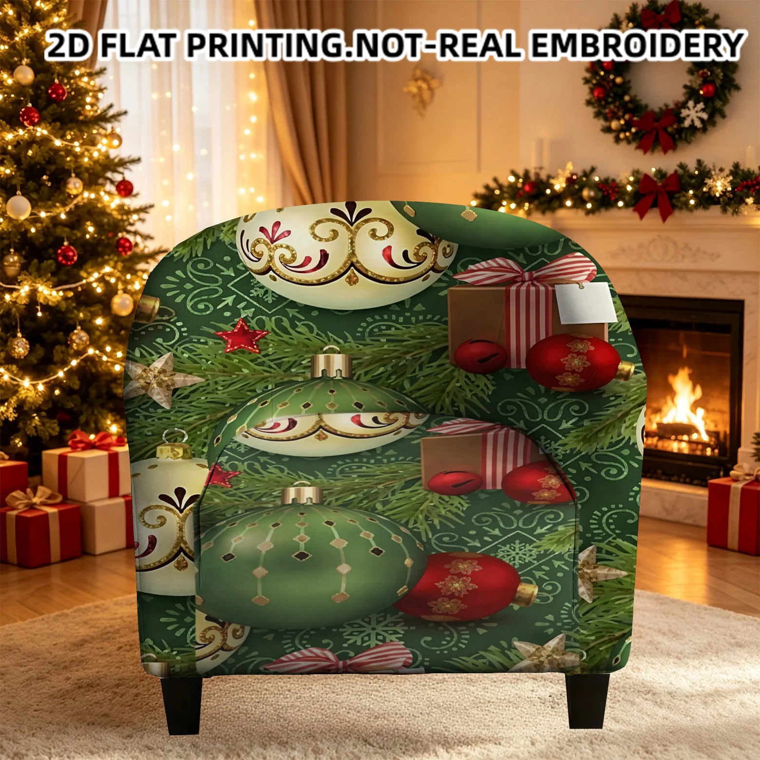 Christmas seamless pattern with baubles, pine branches printed armrest sofa cover, 2D printed elastic single club sofa cover