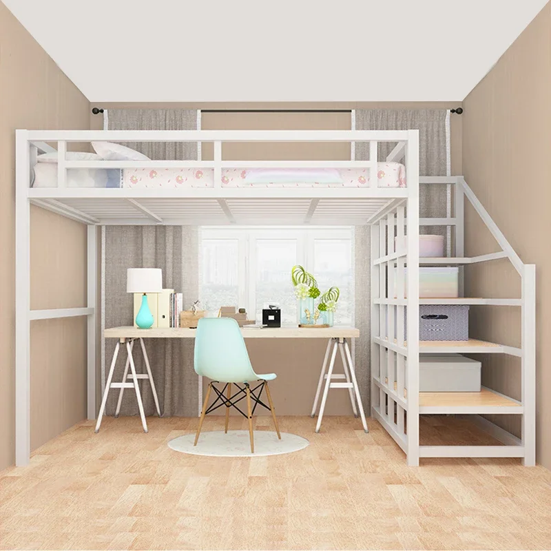 Double Loft Bed Frame Home Apartment Use Adult Loft Bunk Bed With Wardrobe Apartment Iron Multifunctional Floor Bed