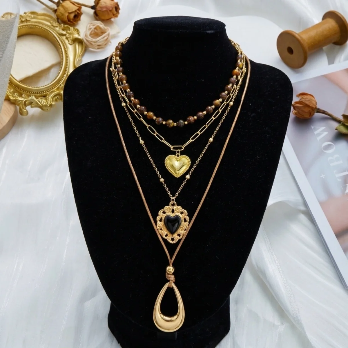 Retro Natürlicher Tigerauge-Stein Herz Hohler Wassertropfen Anhänger Halskette für Frauen Männer Mehrschichtige Tropfenform Stapelbare Choker-Schmuckstücke – Detail 32