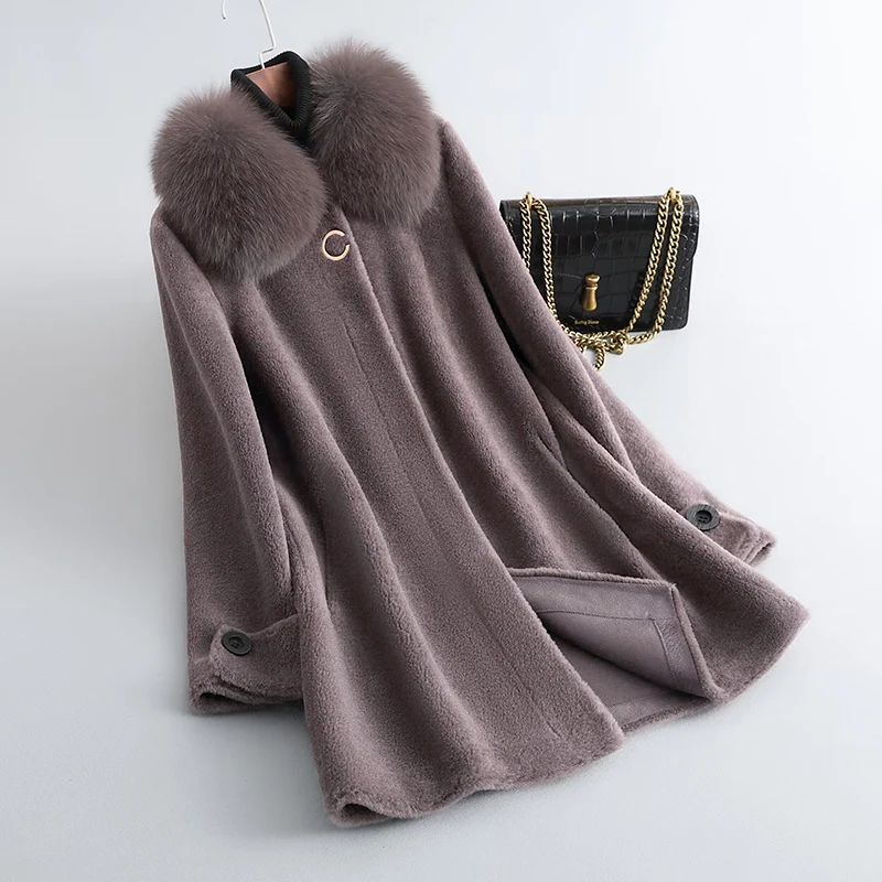 

Haining Granular Sheep Cut Fleece Middle aged and Elderly Mom Fur Coat Women's Mid length Fur Collar Fur Integrated Coat