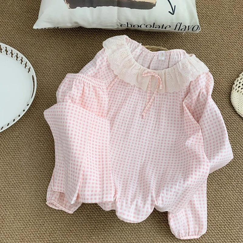 

New Kawaii Cartoon Loose Pajama Set for Autumn and Winter, Long Pajama Set with Lace Patchwork Check Pattern