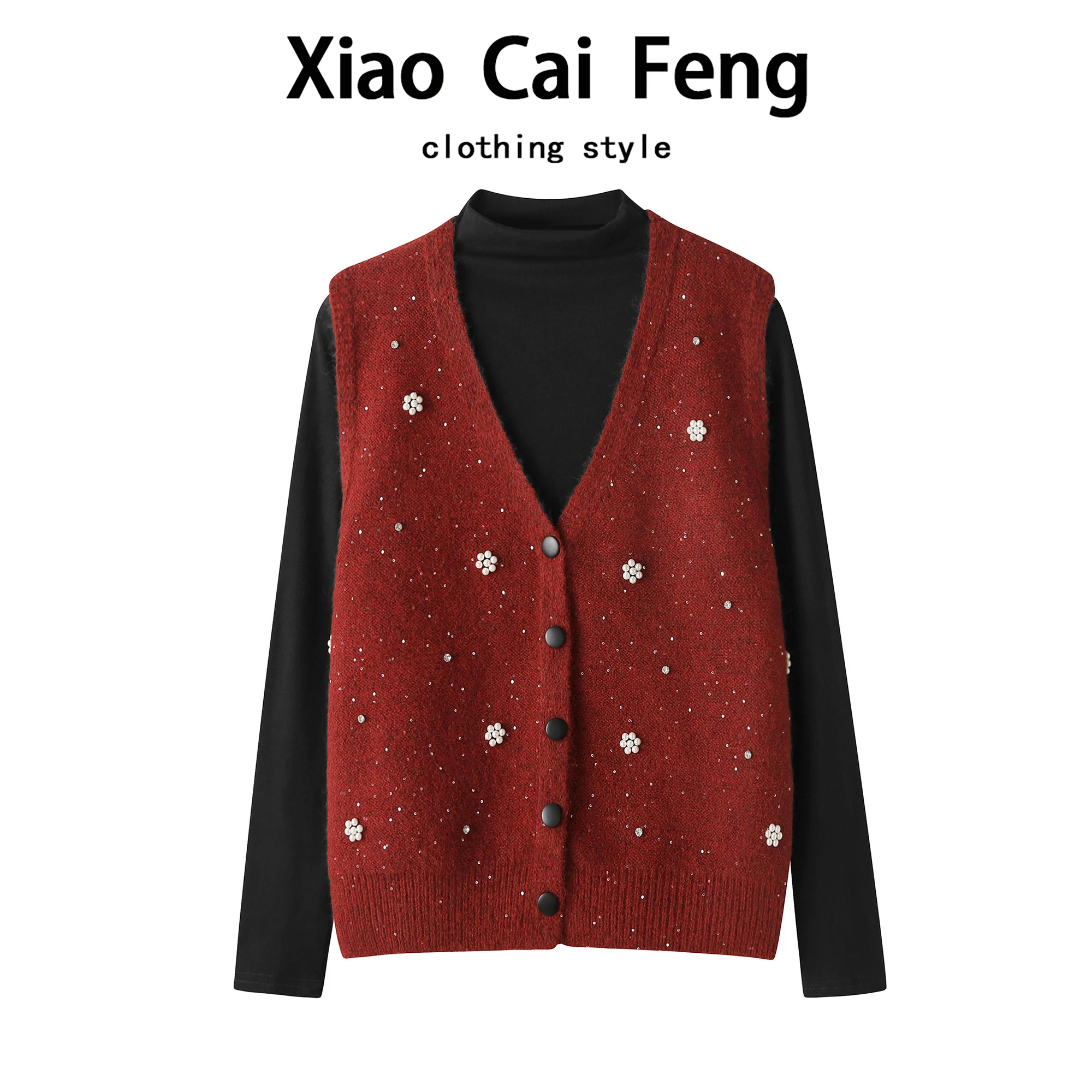 

Red Heavyweight Beaded V-Ne Knitted Vest Top Women's Faionable Layering f High Collar Base irt Two-Piece Set