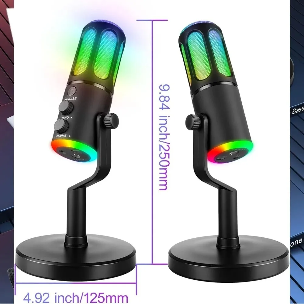 Micrófono portátil de condensador de luz RGB para videojuegos, sonido claro, sin ruido, USB, micrófono silencioso con un solo clic para grabación en Streaming