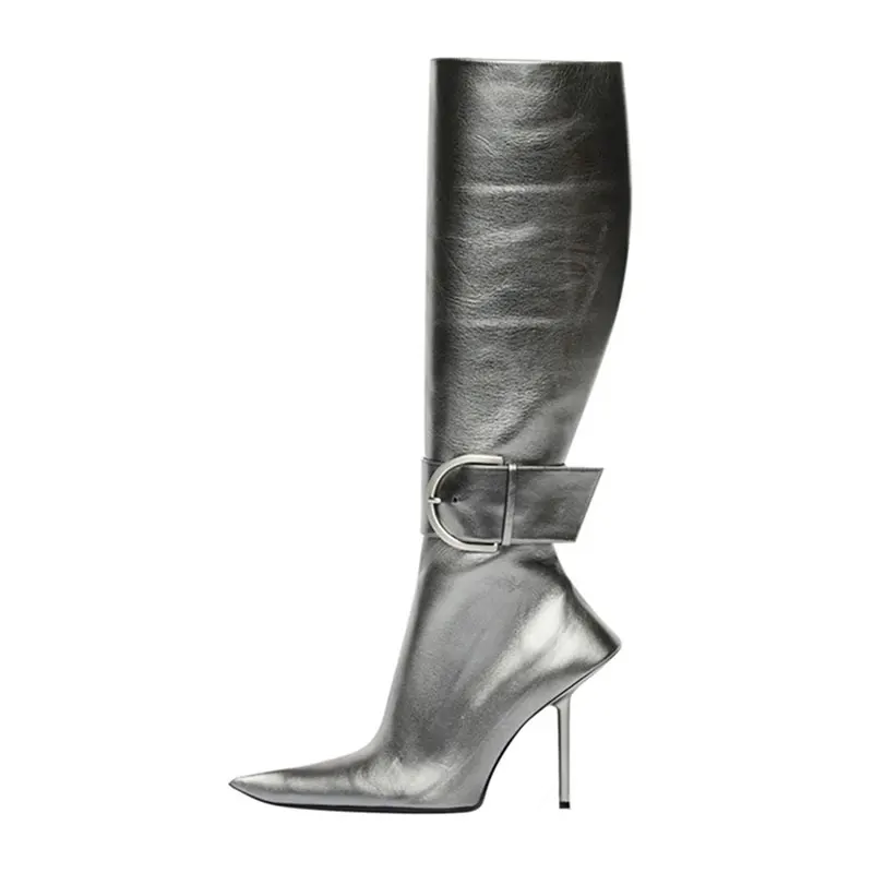 

Women's metal buckle heel boots, knee high boots, pointed toe, fashion show, autumn and winter