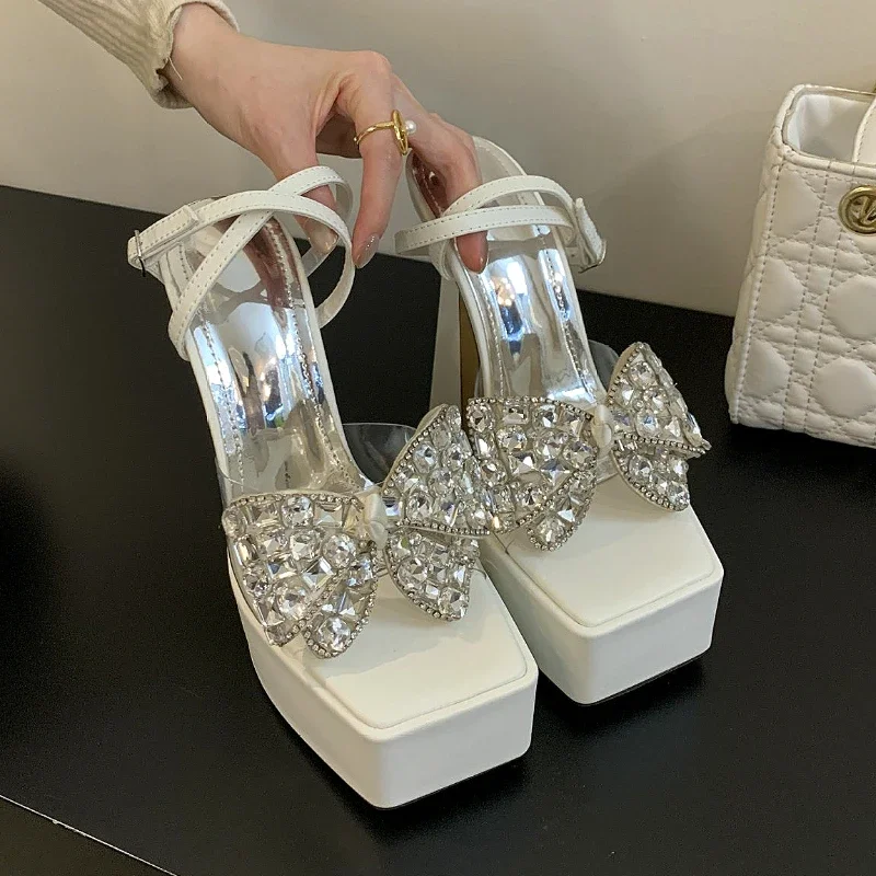 Luxury Rhinestone Transparent Platform Sandals Women Open Toe Summer Fashion Slingback Party Dress Shoes Crystal Bow High Heels