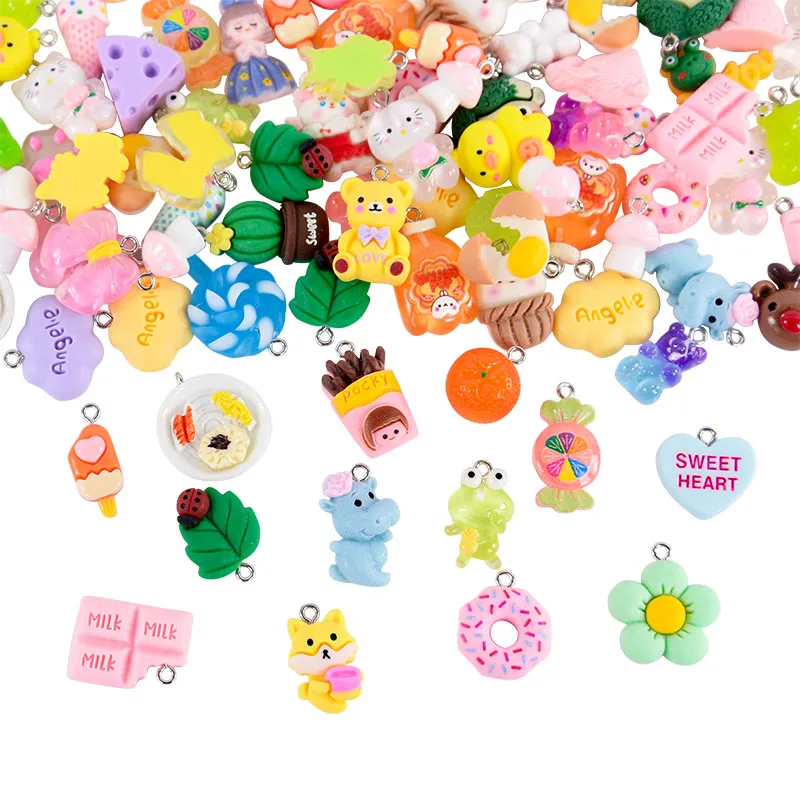 Randomly Mixed 10Pcs Resin Cute Charms Cartoon Duck Donut Deer Pendants DIY Kid's Jewelry Accessories Baby Shower Handmade Gifts