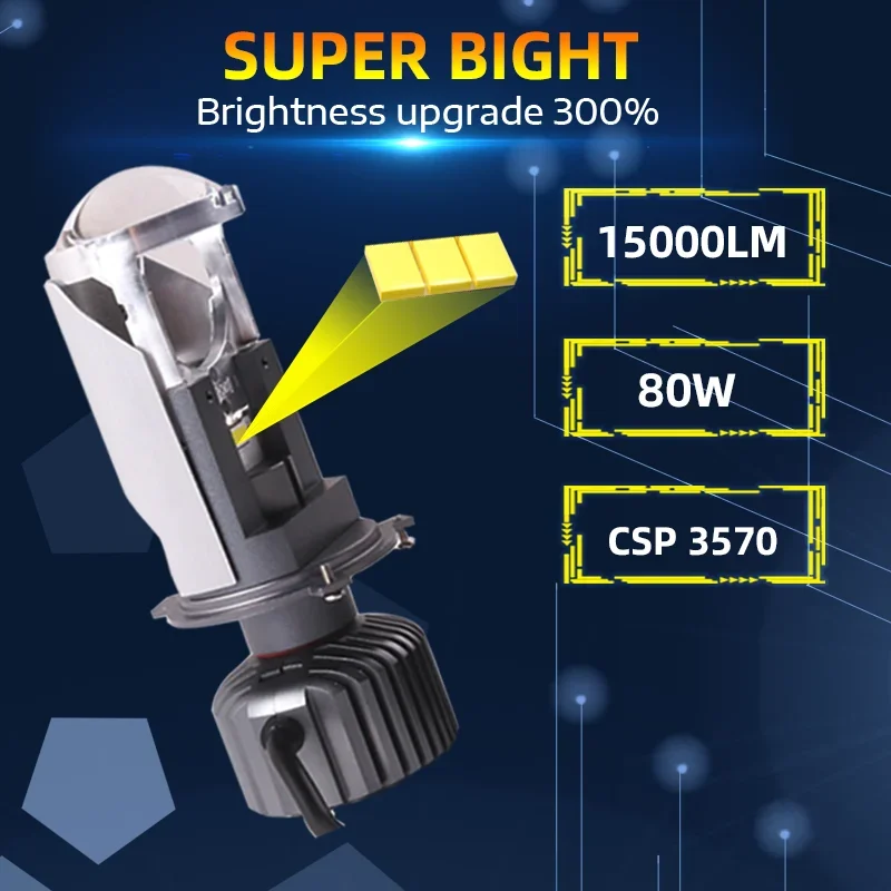 SANVI H4 Projector Lens LED Car Headlight Bulbs 15000LUX 80W Turbo Auto Bulb H4 High Low Light lamp bulb12V Led Lights