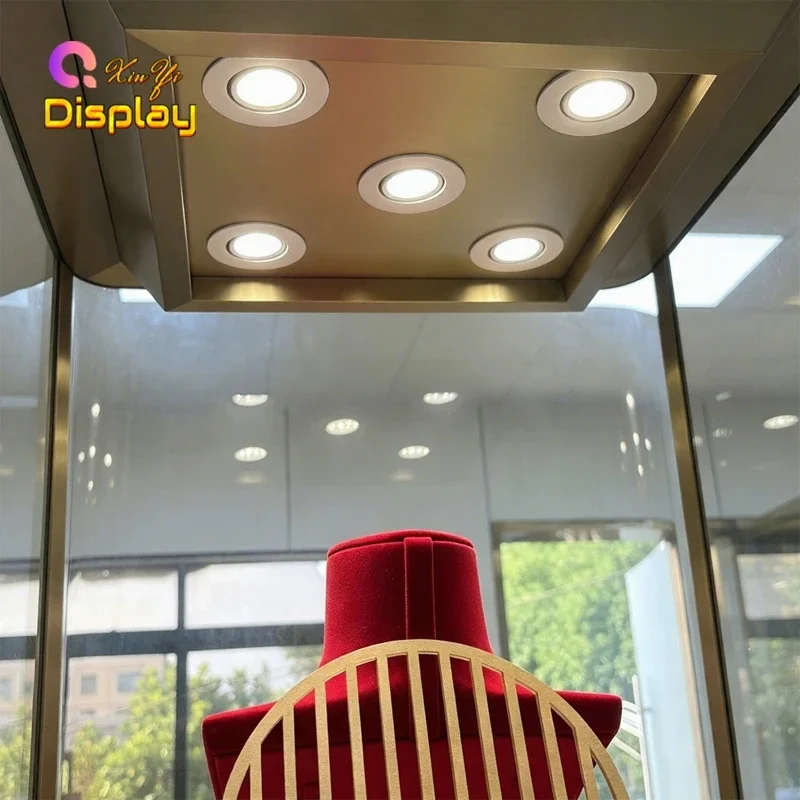 custom.Custom Modern Stainless Steel Jewelry Showcase Display With LED Lighting Eco-Friendly Glass Retail Jewelry Shop Cabi