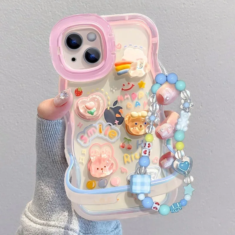 Funda con cadena de cuentas y soporte arcoíris 3D para iPhone 15 16 17 14 13 12 11 Pro Max Plus XS XR, con soporte y agarre