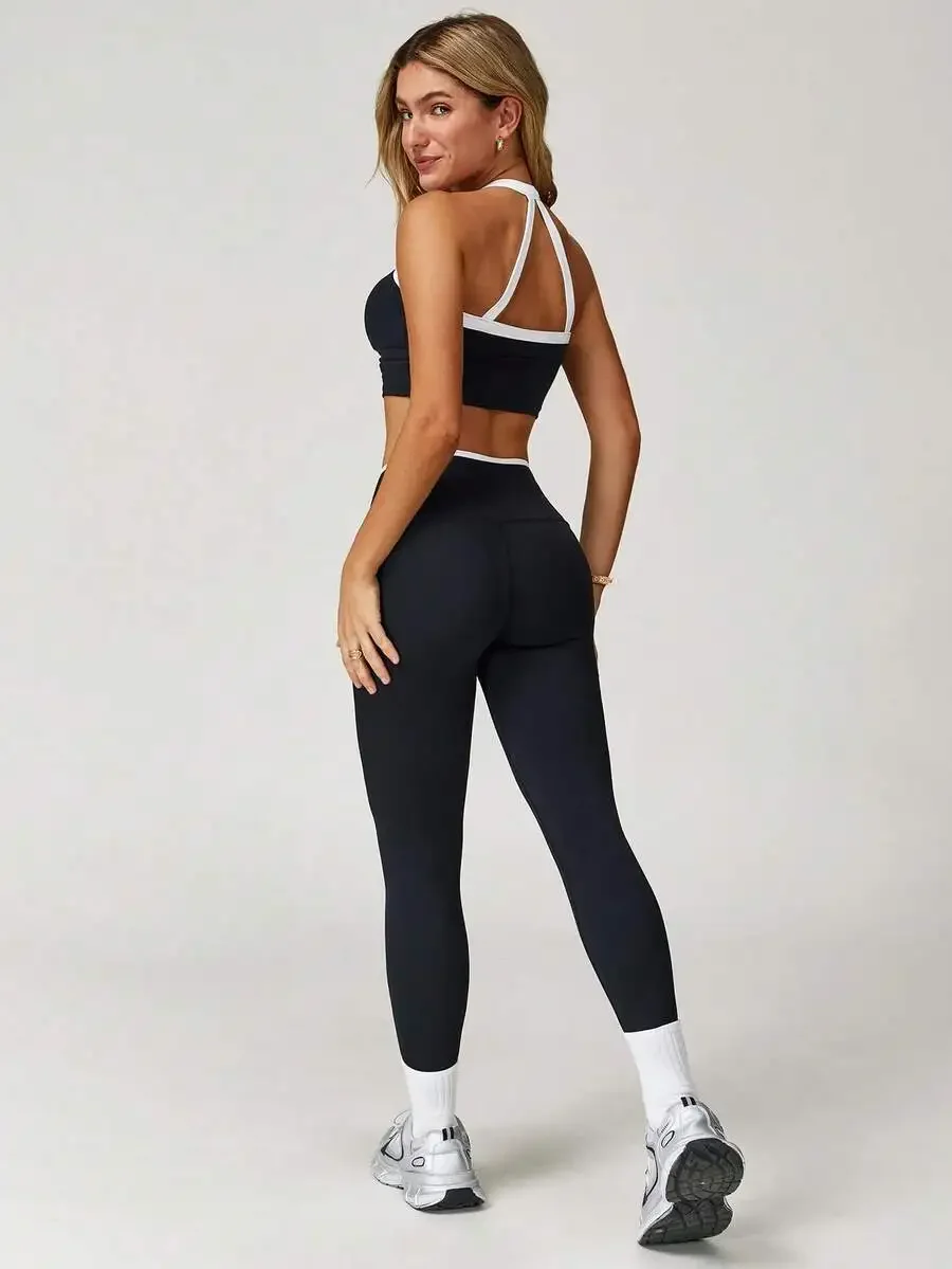 

Womens 2-Piece Sports Set Vest And Leggings For Fitness Yoga Workout Comfortable Stretchy Black