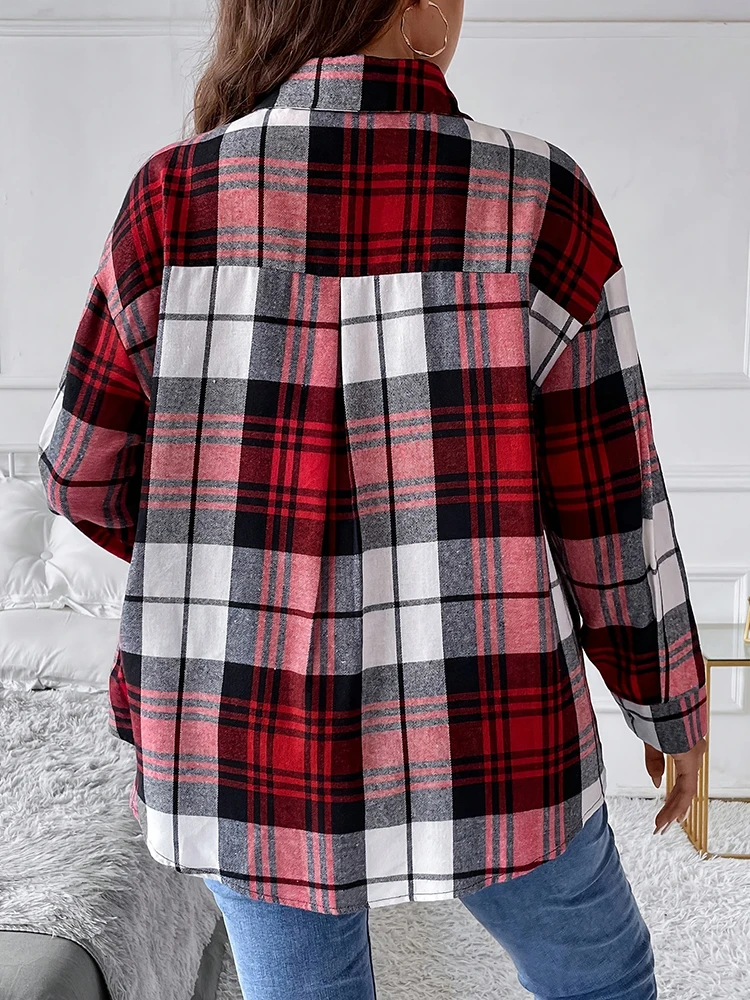 Plus Size Women Plaid Jacket Color Blocking Design Simplicity Fashion Versatile Flip Collar Single Breasted Button Plaid Coat