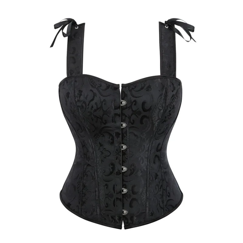 Corsetto Top con spalline Overbust Vintage Jacquard Gothic Women Bustier Lace-Up Corselet Vest nero