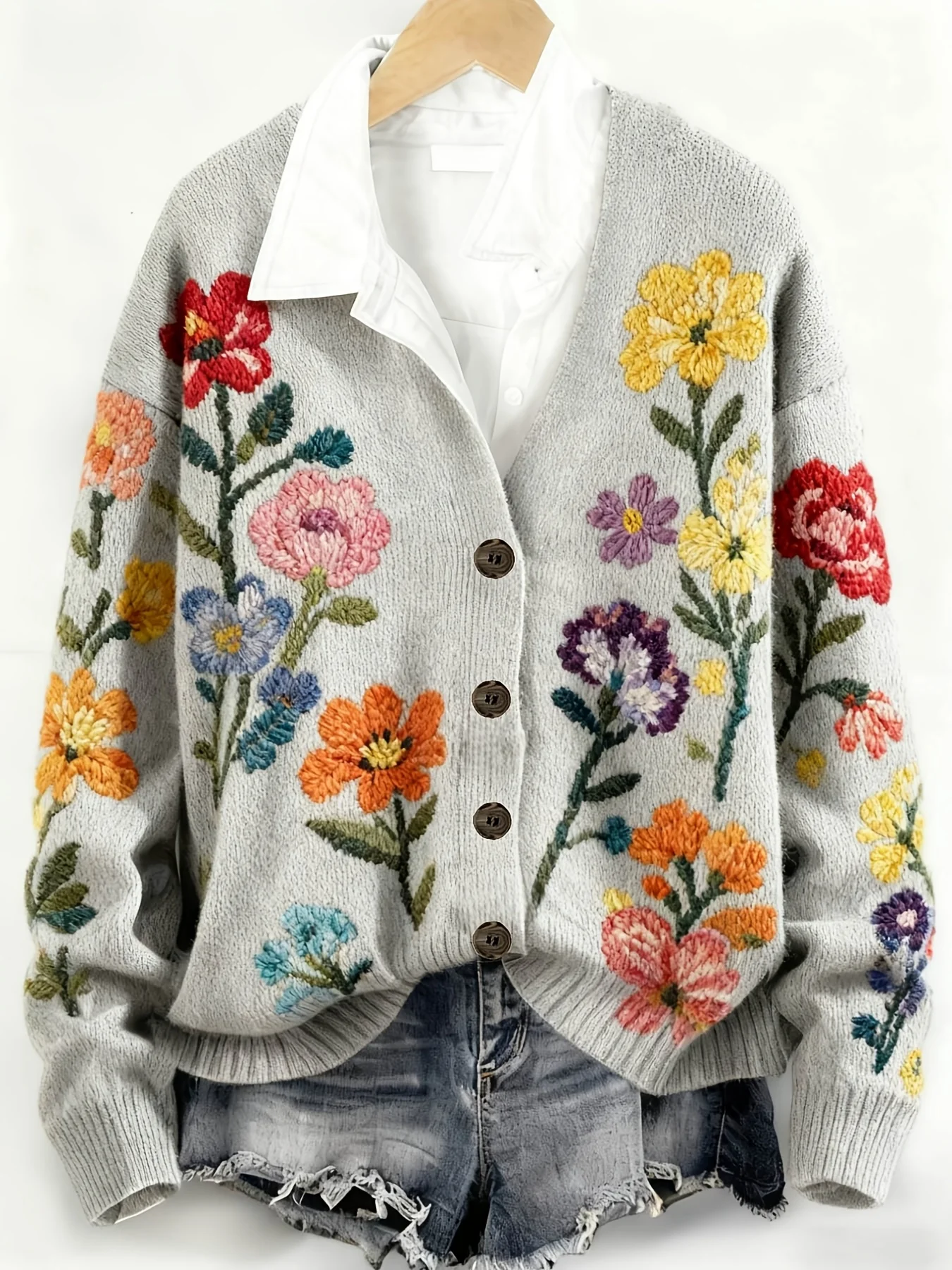 2D Flat Pattern Autumn and Winter Fashion New Stylish Versatile V-Neck Long-Sleeve Cardigan Women's Top with Floral Pattern Digital Print Trendy Women's Thin Sweater Coat