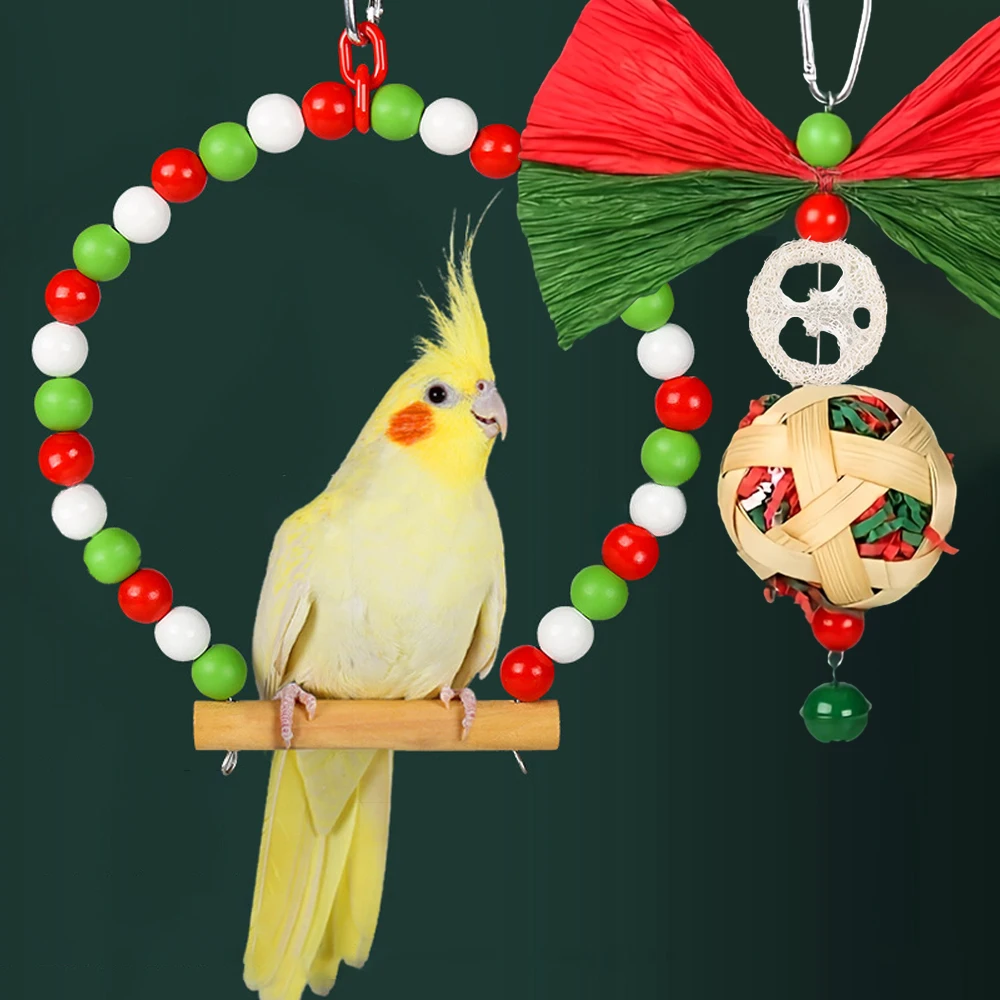 Natural Wood Christmas Bird Swing Toys Bird Hanging Chewing Toy for  Small Animal Pet Bird Parrots Peony Cockatiel Climbing Toys