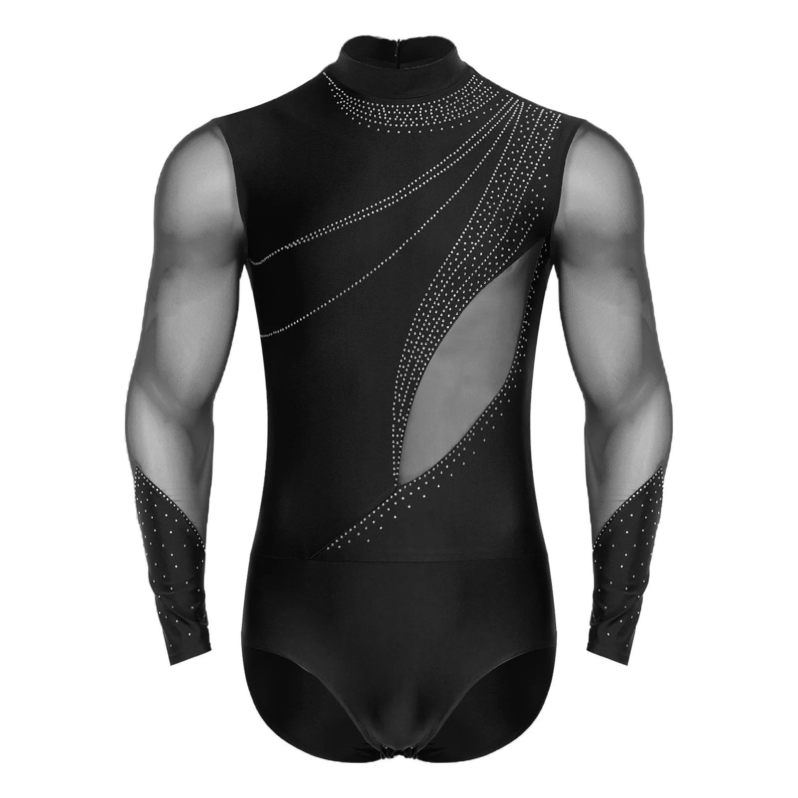 Body da ballo latino per pattinaggio di figura da uomo, body intero con strass scintillanti, manica lunga, per ginnastica, danza classica