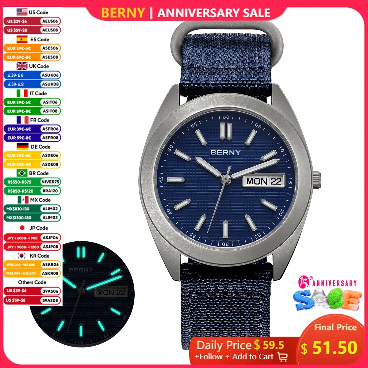 BERNY Titanium Watches For Men Date Week Calendar Quartz Watch 38mm Super Luminous Men's Wristwatch Sapphire 10ATM Lightweight