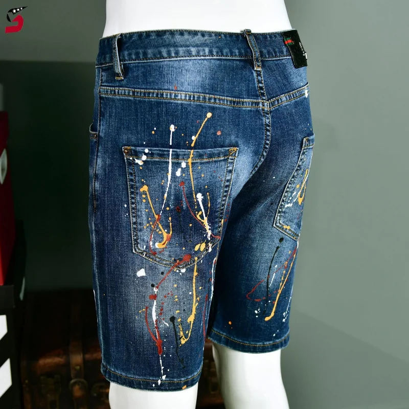 Slim Stretch Denim Pants with Vintage Graffiti Print and Ripped Patches for Men, Unique Summer Casual Knee-Length Pants for Dail