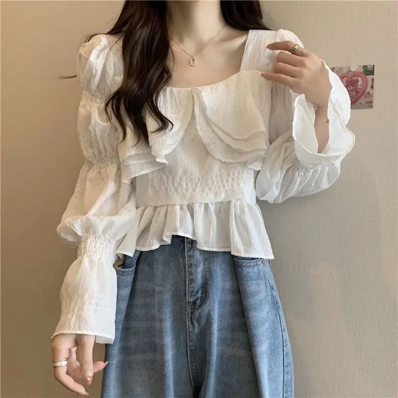 Sweet Solid Color Women\'s Clothing Ladies Fashion Patchwork Tops Spring Autumn Casual Pullovers Square Collar Pleated T-Shirts