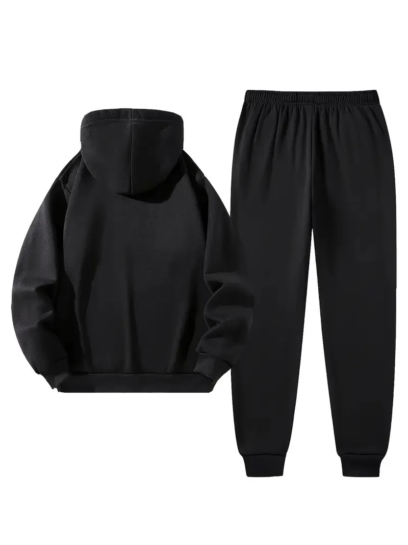 Men's two-piece set, casual round neck long sleeved hooded sweatshirt and sports pants set, suitable for winter and autumn