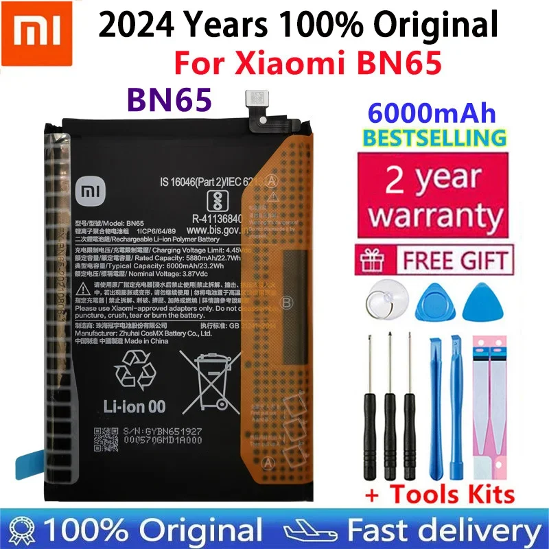 100% Original New High Quality Replacement Battery BN65 For Xiaomi BN65 Rechargeable Phone 6000mAh Batteries Bateria