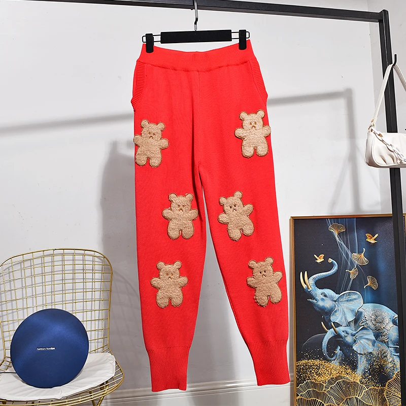 Red Black Knitted Tracksuits Women Outfits Cartoon Patch Design Pullover Sweater Pencil Pants Set Loose Fashion Knit Suit Female