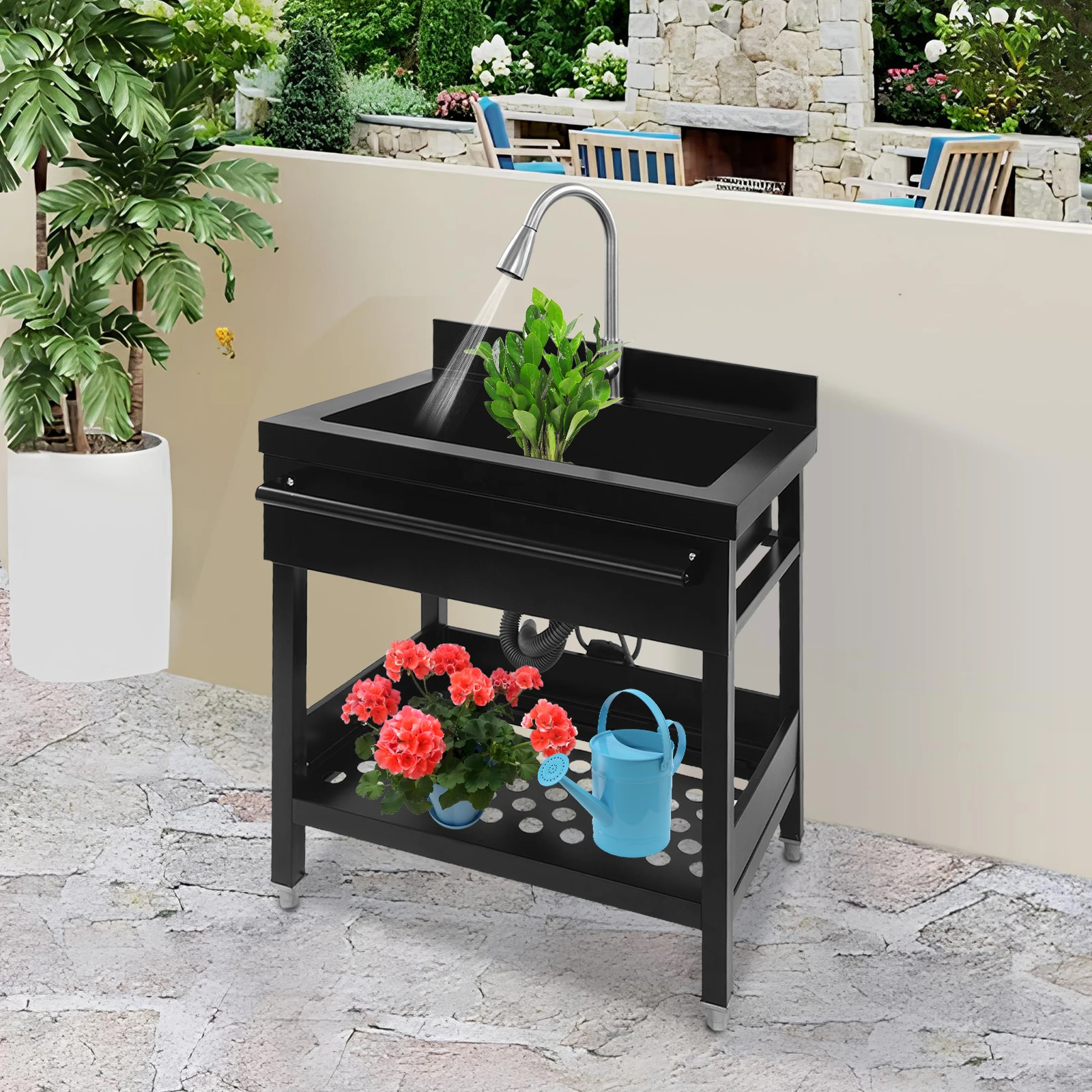 

Black 201 Stainless Steel 65.48x51.48x86cm Freestanding Sink Kitchen Sink with Retractable Faucet Storage Rack