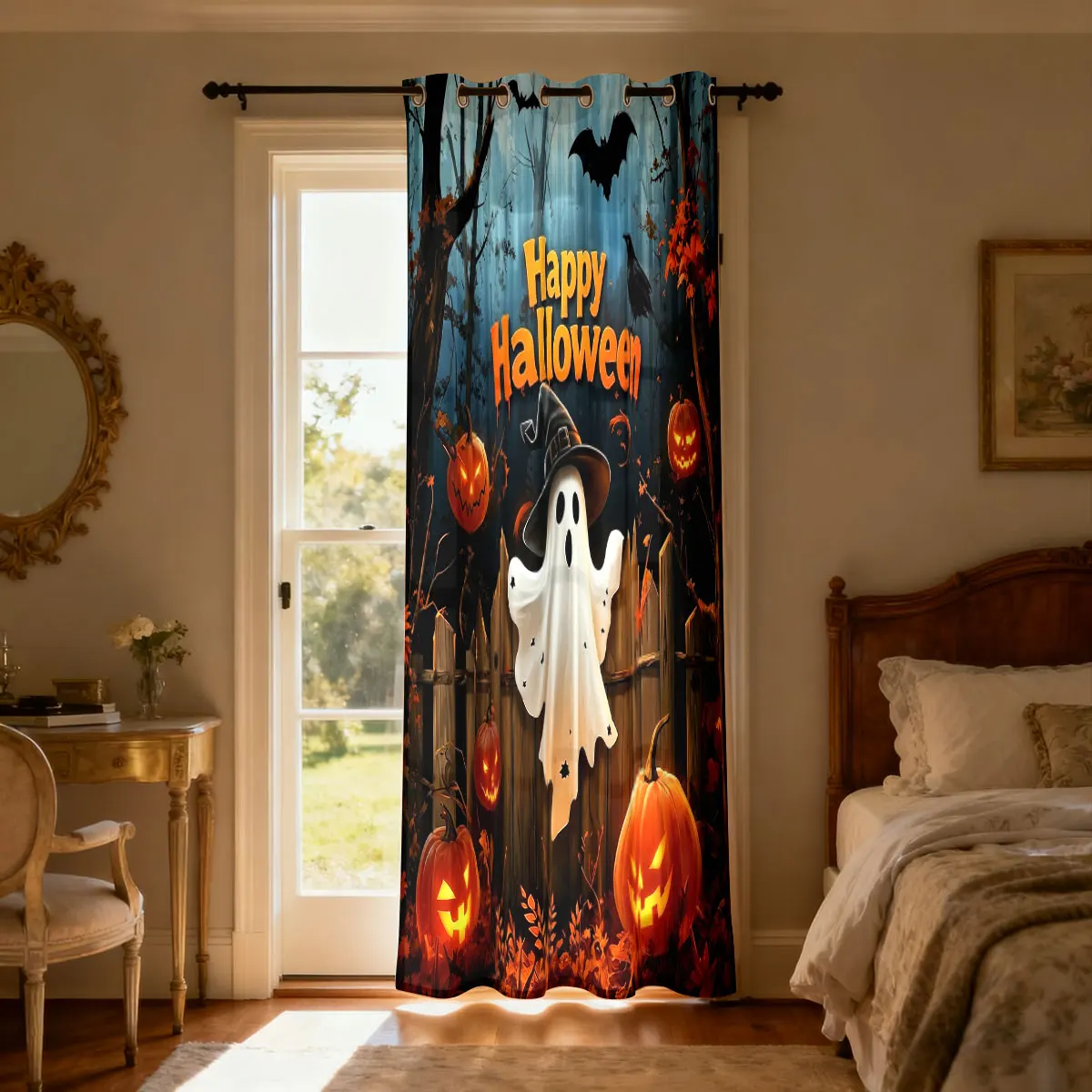 1PC Halloween Ghost Pumpkin Bat Pattern Single Loop Curtain For Living Room Bedroom Door Window Stylish Home Ornament view 6