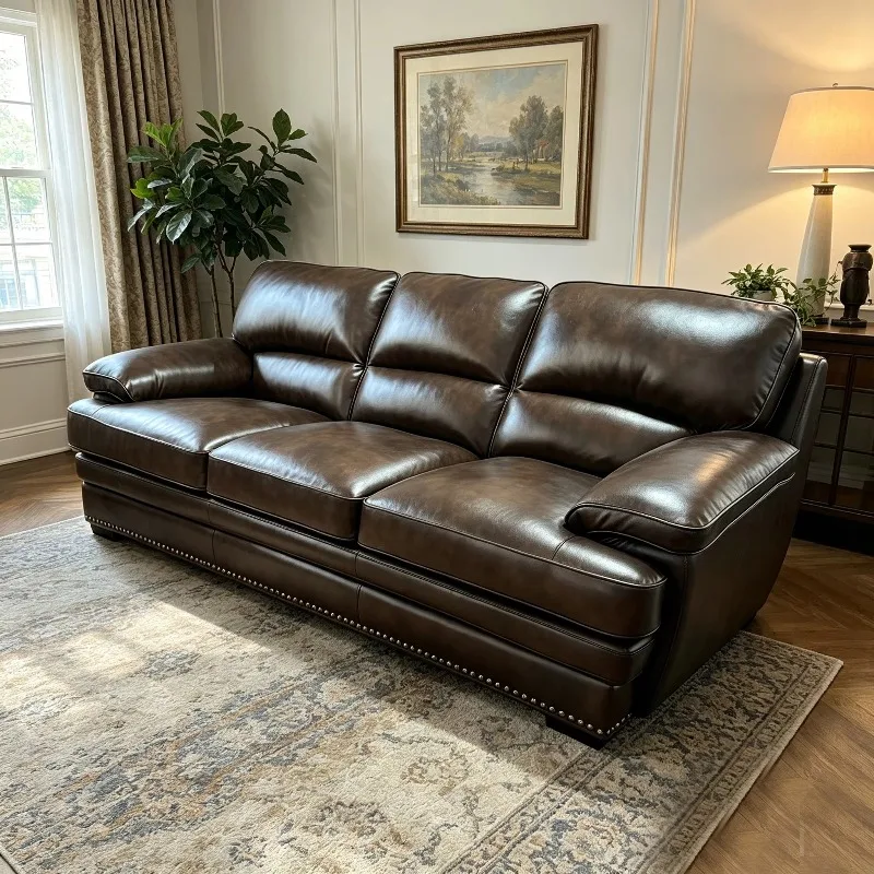 Classic Brown Genuine Leather European Sectional Sofa Set 4-Piece Nailhead Trim Ergonomic Foam Cushions Solid Wood Frame