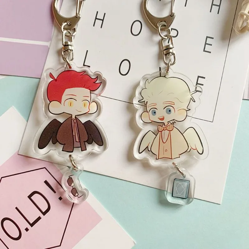 Good Omens Q Version Anime Keychain Woman Crowley Aziraphale Acrylic Key Chain Man Angel Demon Kawaii Bag Pendent Accessories