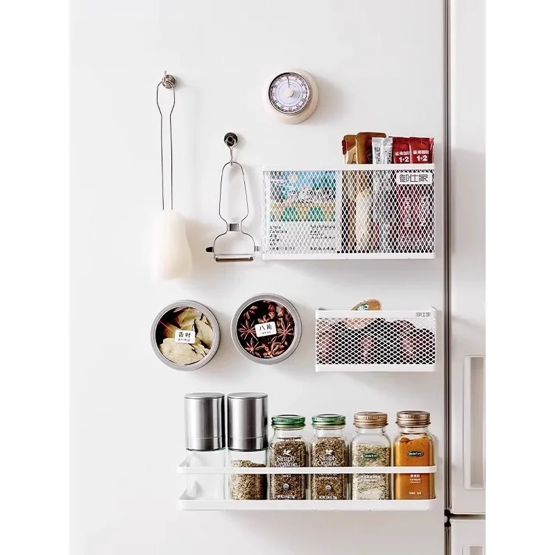 

Боковая полка для хранения в холодильнике, магнитная присоска, внешняя сторона, пластиковая упаковка, стеллаж для хранения, коробка, корзина, крючок, крышка