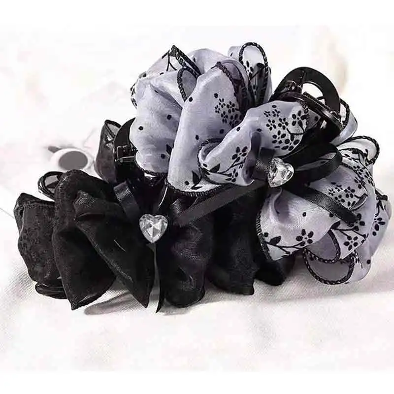 1개 여성용 멀티 컬러 라인스톤 하트 메쉬 리본 헤어 클립 양면 버블 그립 푹신한 헤어 집게 스타일리쉬 헤어 액세서리