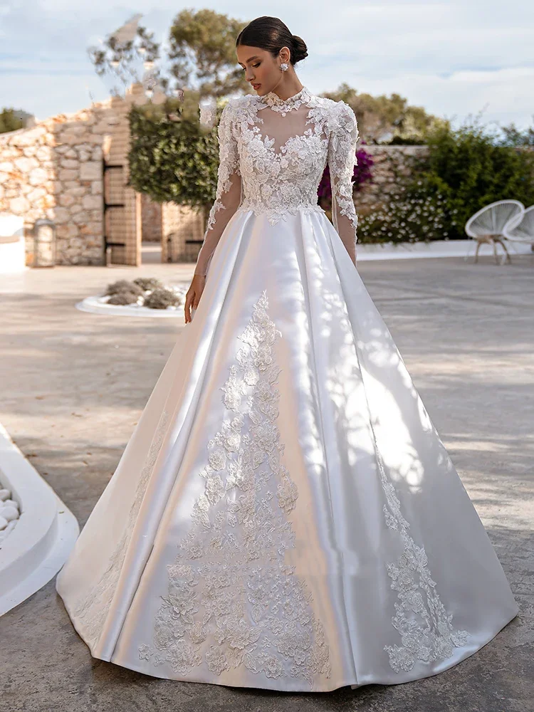 

Flavinke Customized Lace Wedding Dresses Long Sleeves Bride Dresses Princess O-Neck Court Train A-Line Gown Vestidos De Novia