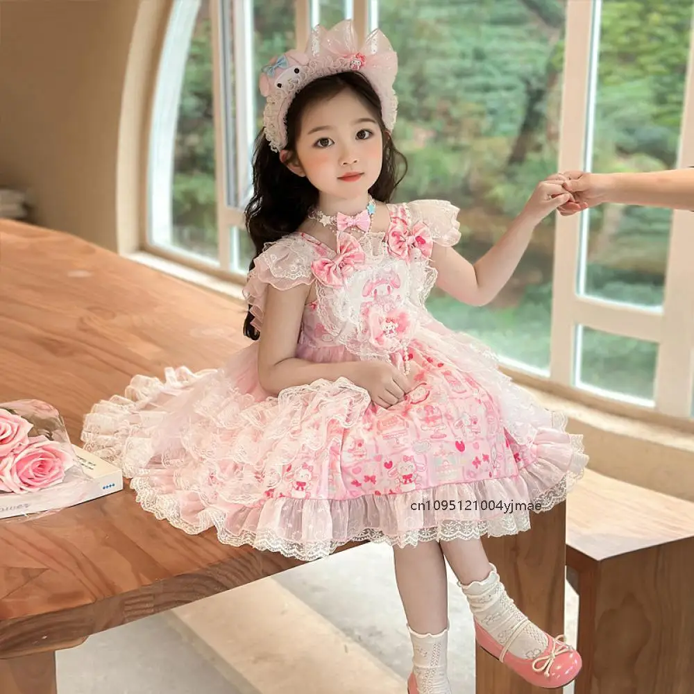 

Cartoon Melody Children Lolita Dress Cute Kawaii Pink Birthday Party Role Play Sleeveless Lace Bow Tutu Dress Yarn Skirt Gift