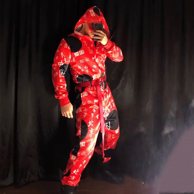 Red Printed Overalls Hip Hop Dance Costume Letter Pattern Zipper Jumpsuit Male Jazz Dancer Team Performance Clothes Stage Wear