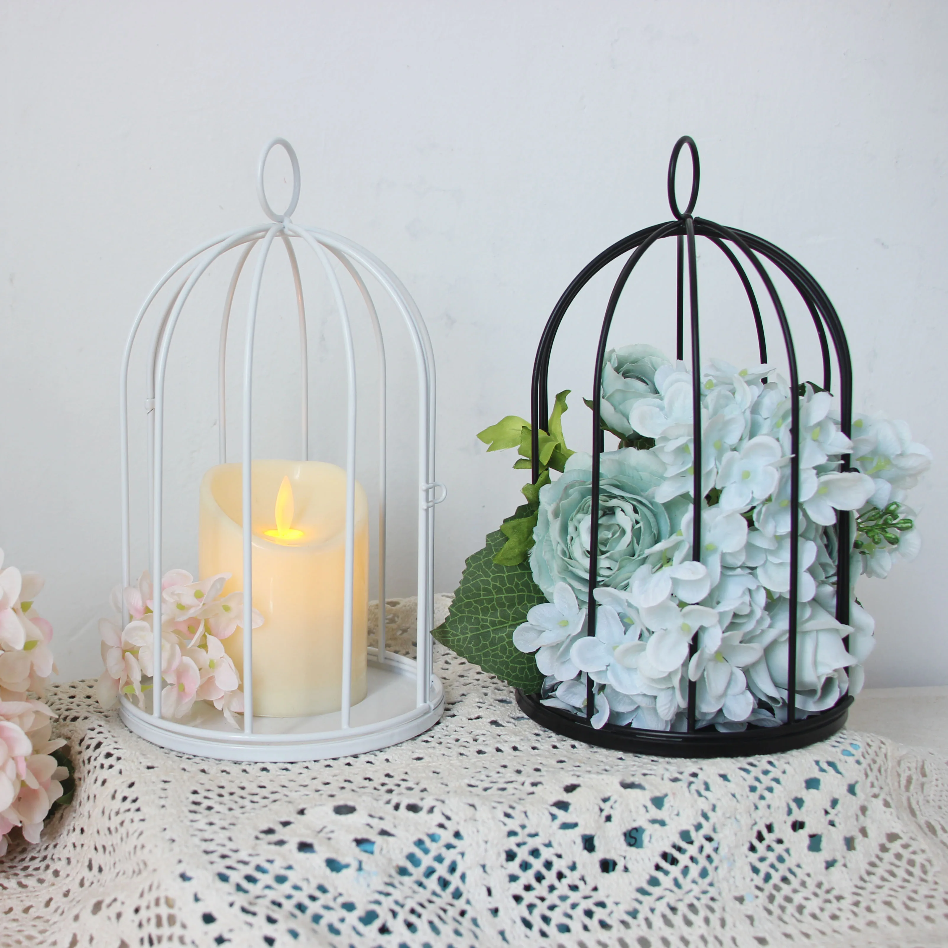 white Outdoor Modern iron garden metal birdcage line cage with Bird decoration hanging flowerpot succulent plants