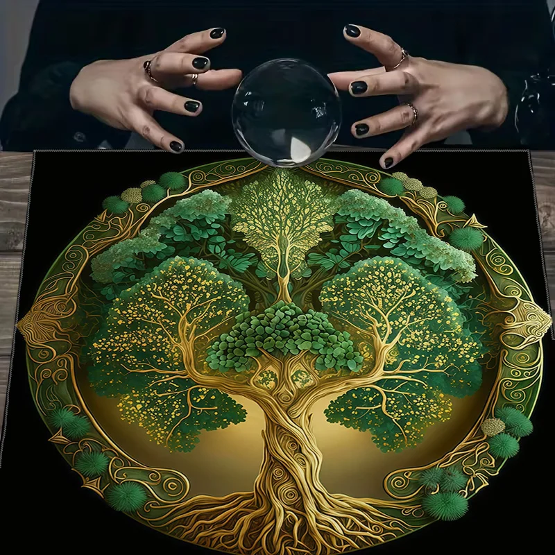 Mystical Tree of Life Tarot Altar Cloth, Moon‑Phase Square Mat for Meditation, Astrology,Chess Board,Reading, Party & Home Decor