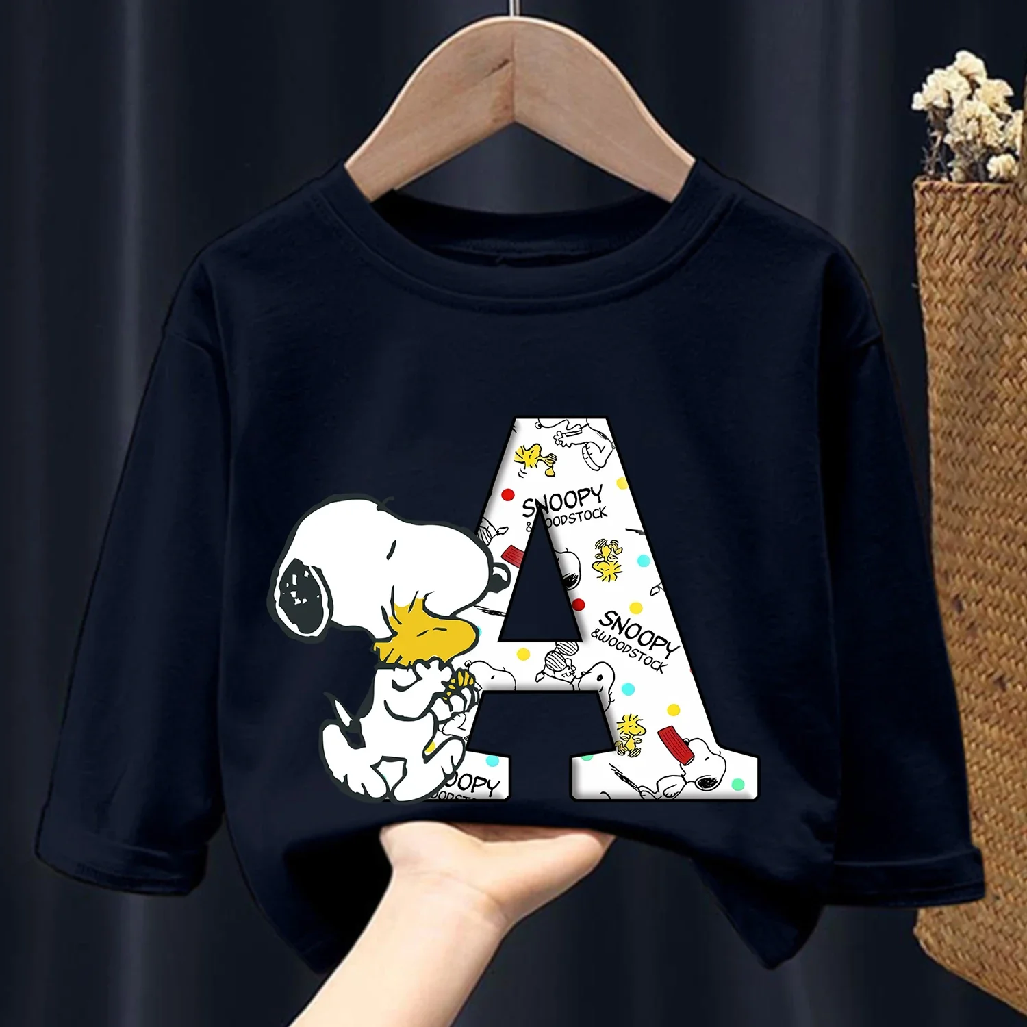 Snoopy Long Sleeve for Children Letter A-Z Cartoon Clothing Cute Casual Caftan Fashion Kids Black Clothes Round Neck Blouse Gift