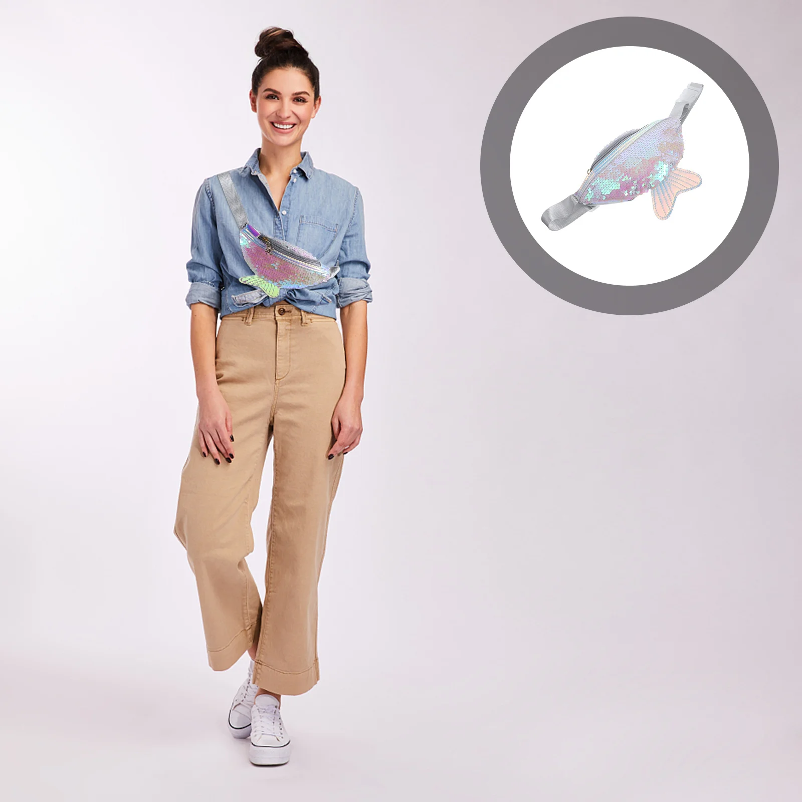 Riñonera de cola de pez con lentejuelas blancas, bandolera ligera de PU, bolso de pecho multifuncional, riñonera deportiva informal