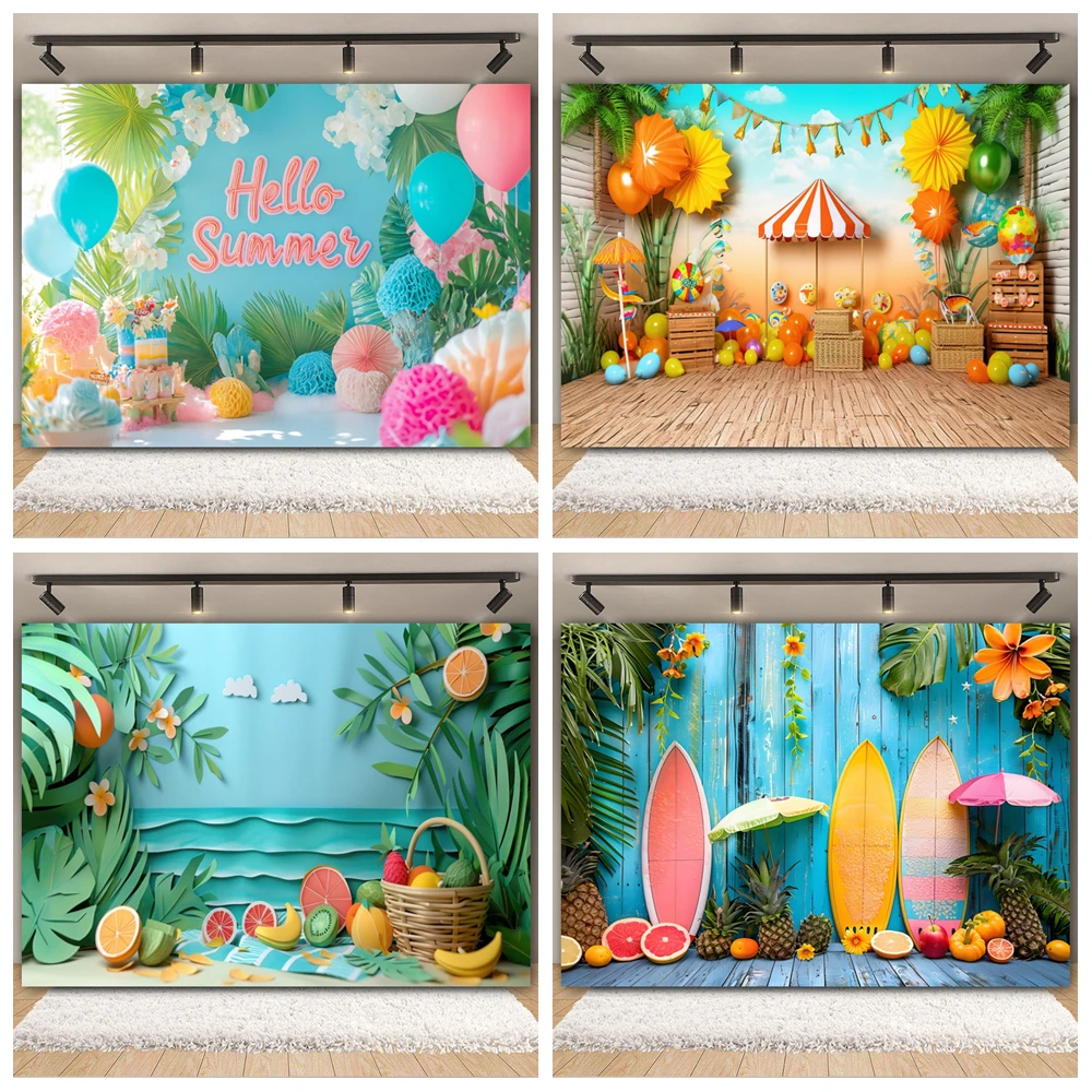 

Hawaiian Summer Beach Backgrounds For Photographs Flamingo Palm Tree Flower Fruit Surfboard Holiday Party Decor Photo Backdrop