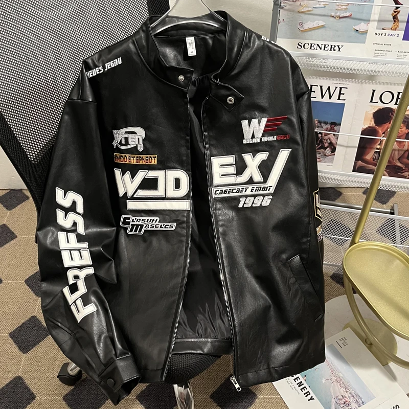 Retro Motorcycle Embroidered PU Leather Jacket Men's Spring Autumn Style Racing Suit Pilot Leather Jacket Loose Fit Youth Trend