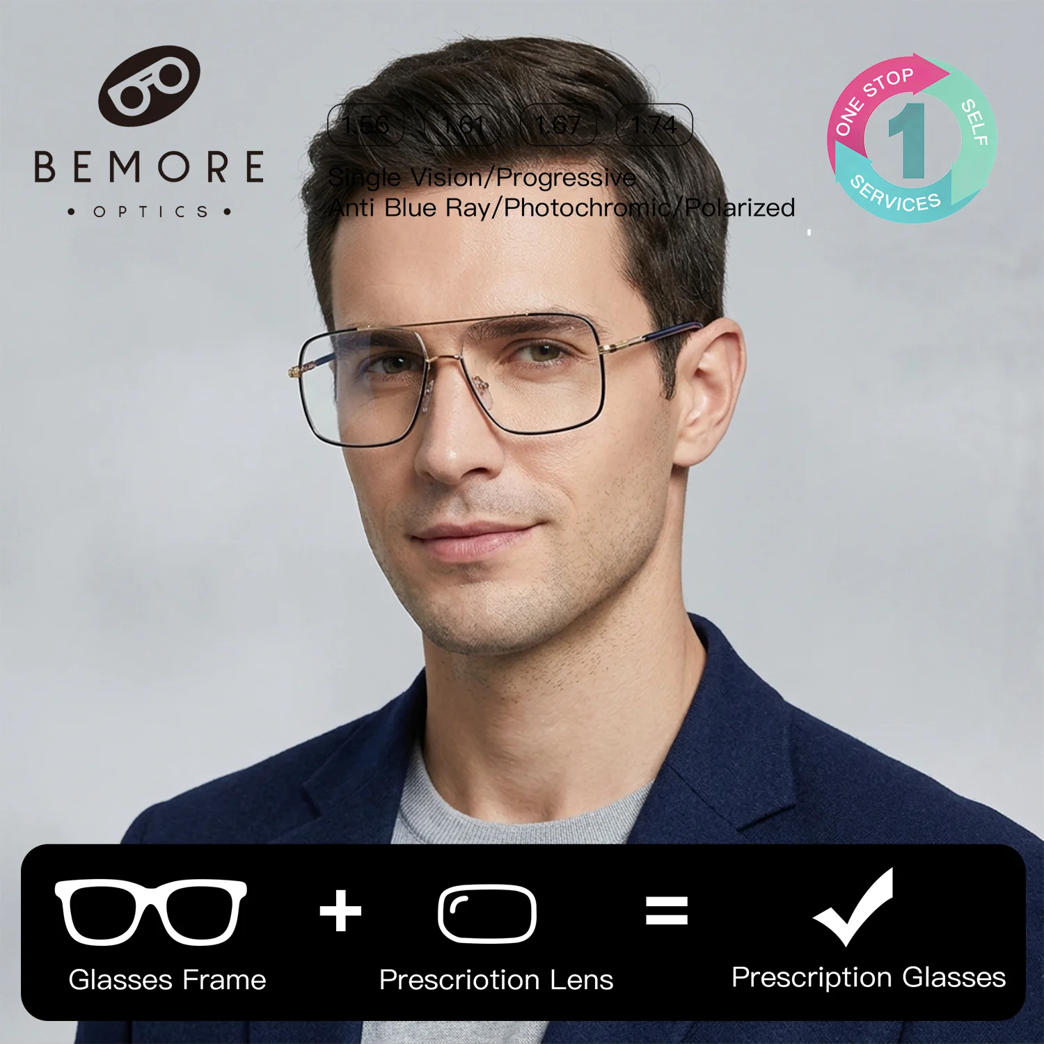 

Очки BEMORE Metal Pilot с диоптриями для мужчин, блокирующие синий свет, с антибликовым покрытием, фотохромные, для коррекции близорукости