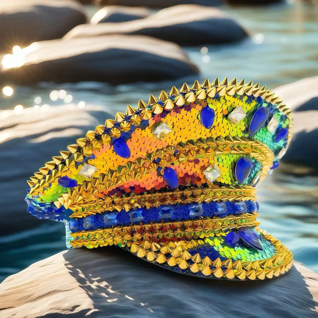 HongLuan Music Festival Costume Hat, Captain Hats Rhinestone for Carnival Woman, Cosplay Female Accessories