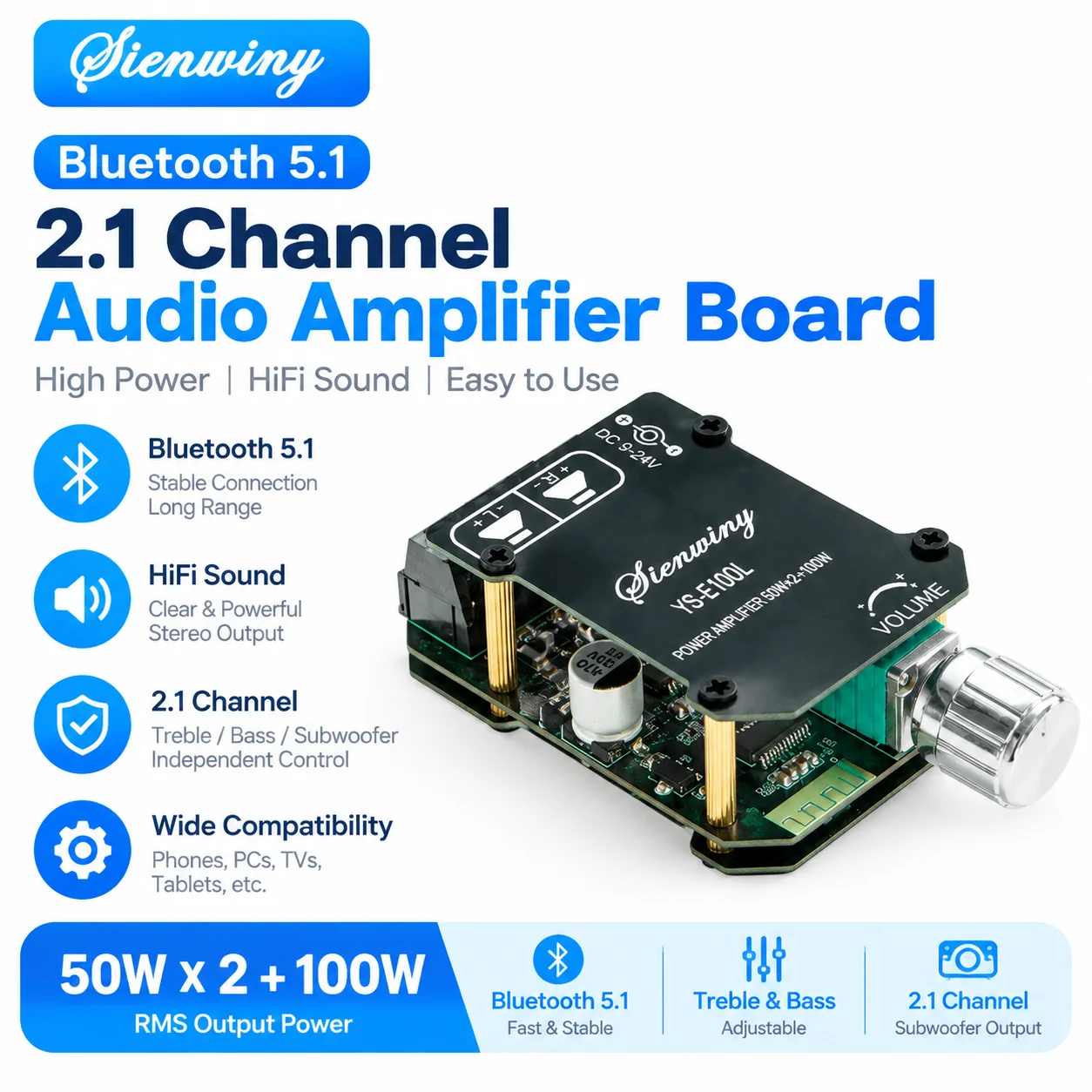 SIENWINY-911 YS-502L Bluetooth 5.1 Amplifier Board 2.0CH 100W+100W HiFi Stereo Power Amp AUX Volume Control DIY Speaker