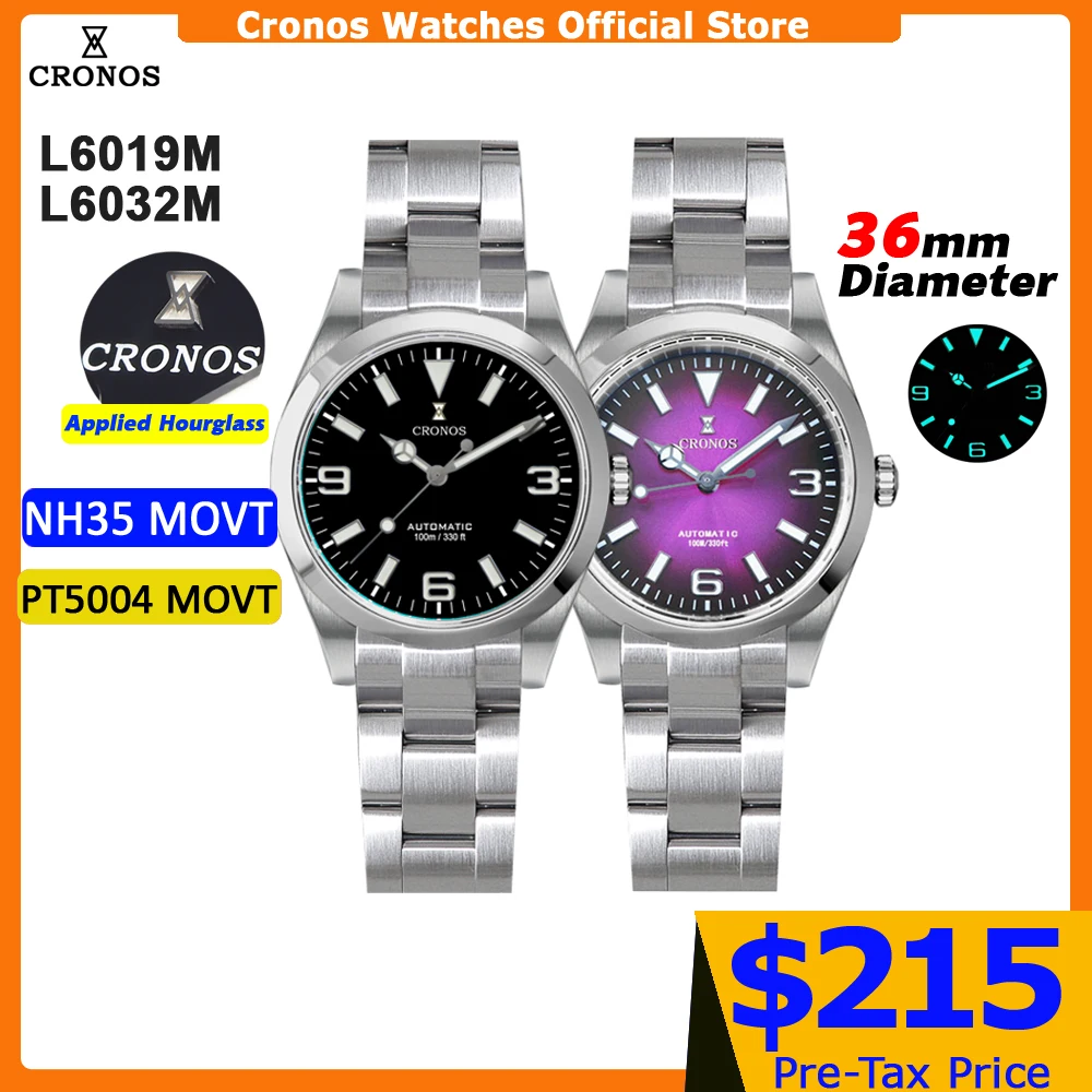 Cronos EX Mechanical Men Watch 36mm NH35 PT5000 Automatic Sapphire Glass Bushed Bracelet 10ATM Gradual Dial L6019M