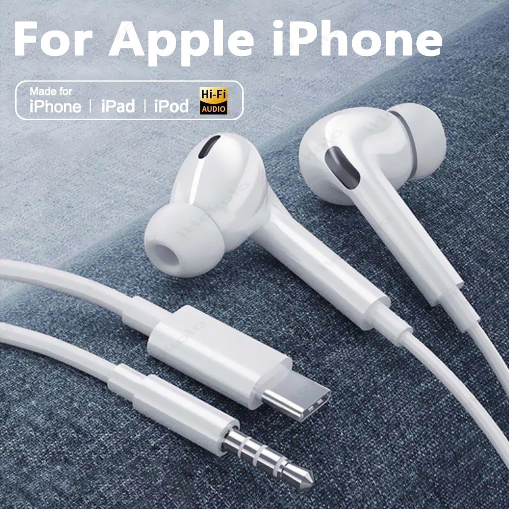 

Original Wired Earphones For iPhone 16 15 Pro Max In-Ear Earbuds 14 13 12 11 6 7 8 Plus XR XS X Lightning USB-C 3.5mm Headphones